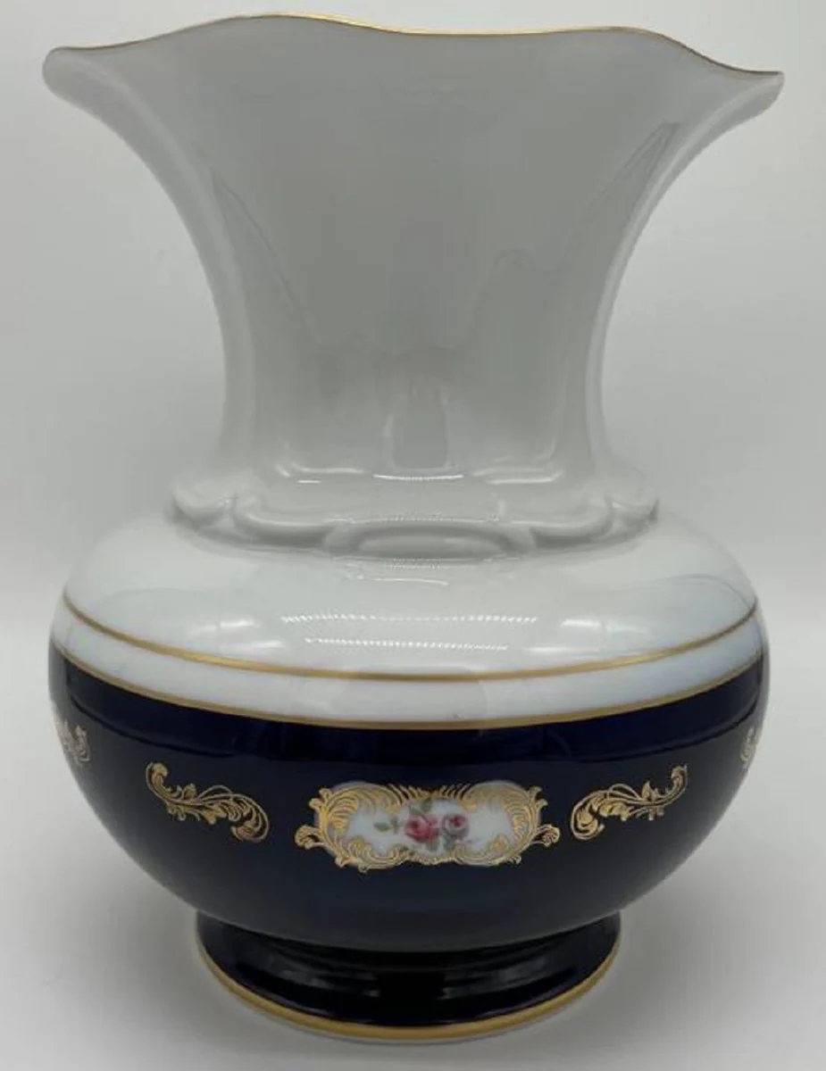 Luxus Barock Porzellan Vase Weiß / Dunkelblau / Gold H. 23 cm - Runde Blumenvase im Barockstil - Luxus Barock Accessoires - Reichenbach Porzellan - Luxus Qualität - Made in Germany