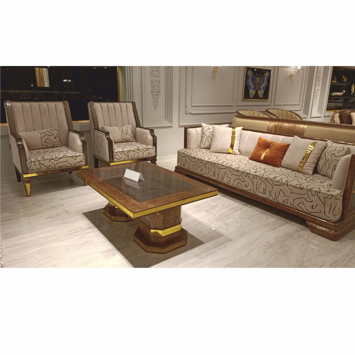 Luxus Art Deco Couchtisch Braun / Gold 119 cm - Wohnzimmer Möbel