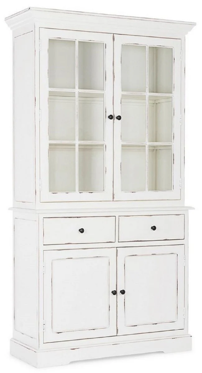 Landhausstil Schrank Antik Weiß 111,4 x 42,5 x H. 203 cm - Landhausstil Esszimmerschrank mit 4 Türen und 2 Schubladen - Landhausstil Vitrine - Landhausstil Esszimmer Möbel