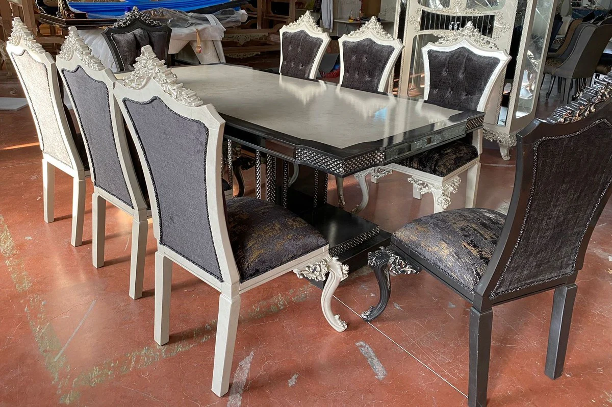 Luxus Barock Esszimmer Set Creme / Blau / Gold - 1 Barock Esstisch & 6 Barock Esszimmerstühle - Luxus Esszimmer Möbel im Barockstil - Prunkvolle Barock Esszimmer Möbel