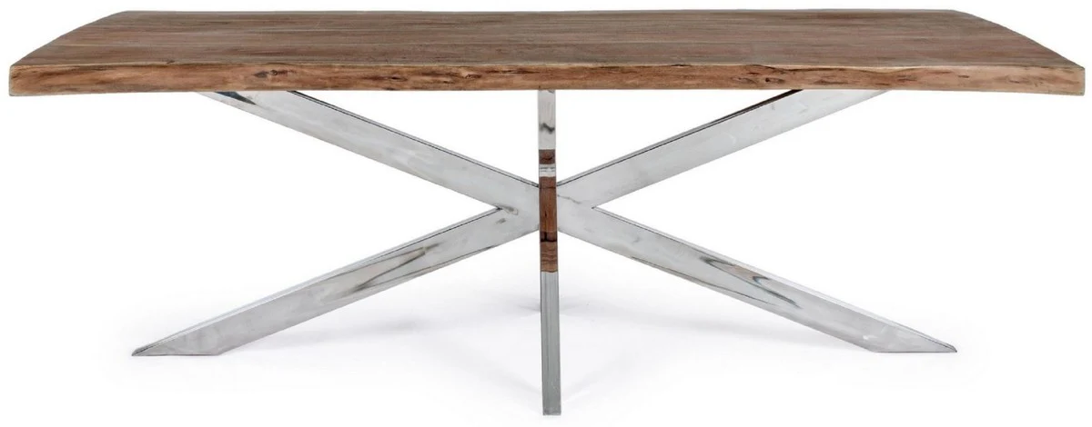 Luxus Esstisch Braun / Silber 220 x 100 x H. 77 cm - Rechteckiger Küchentisch mit Massivholz Tischplatte und Edelstahl Beinen - Esszimmer Möbel - Küchen Möbel - Luxus Möbel