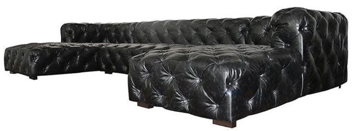 Luxus Chesterfield Leder U-Form Sofa Vintage Schwarz / Braun 415 x 200 x H. 74 cm - 3-Teiliges Echtleder Wohnzimmer Sofa - Wohnzimmer Möbel - Chesterfield Möbel - Luxus Möbel
