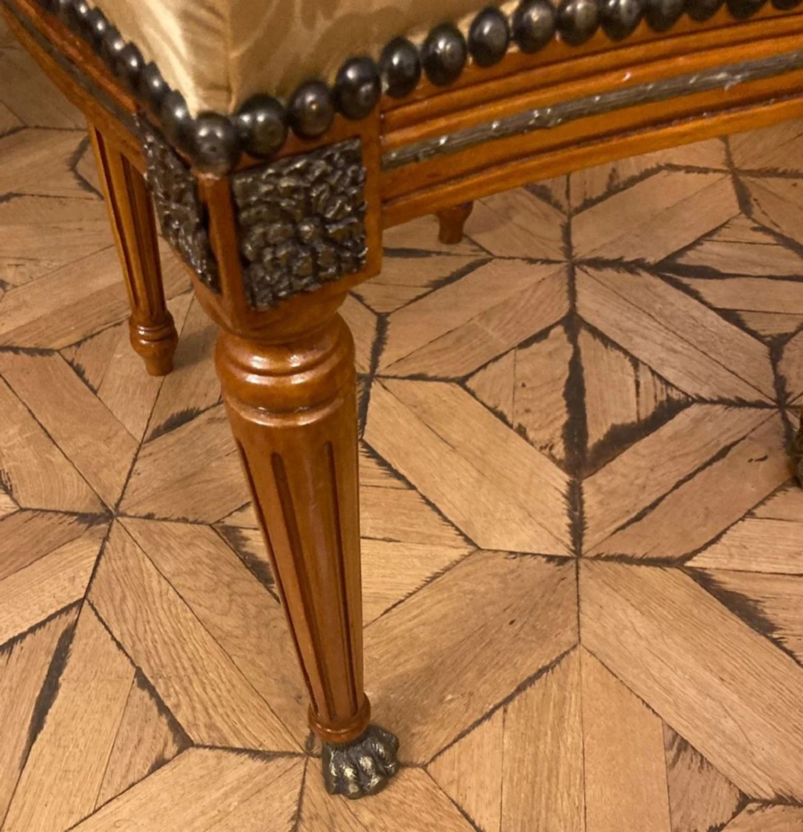 Luxus Barock Esszimmer Stuhl Gold Muster / Braun / Antik Messing - Handgefertigter Massivholz Stuhl mit Löwenfüßen - Barockstil Küchenstuhl - Barock Esszimmer Möbel - Edel & Prunkvoll