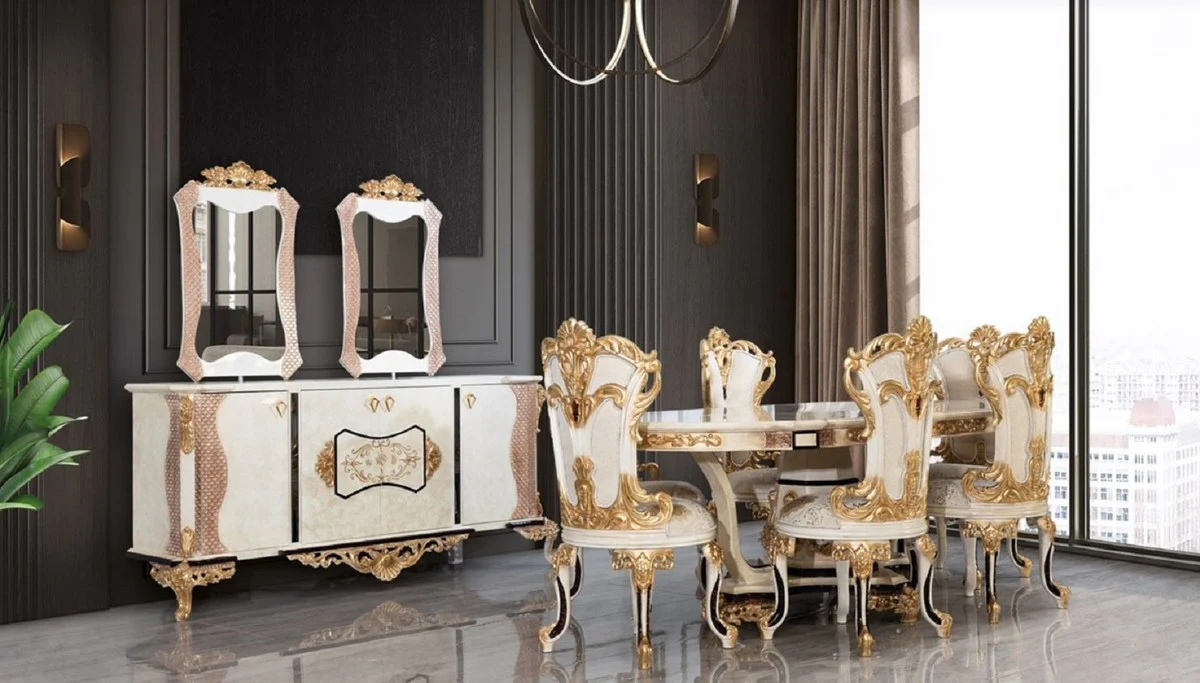 Luxus Barock Esstisch Creme / Beige / Schwarz / Gold - Ovaler Barockstil Küchentisch - Luxus Esszimmer Möbel im Barockstil - Barock Esszimmer Möbel - Barock Einrichtung