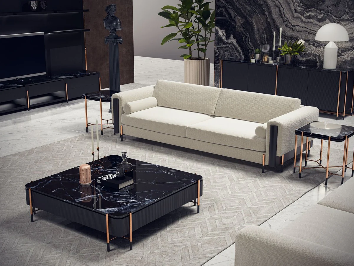 Luxus Sofa Cremeweiß / Matt Schwarz / Kupfer 260 x 107 x H. 78 cm - Wohnzimmer Sofa - Hotel Sofa - Wohnzimmer Möbel - Hotel Möbel - Luxus Möbel - Luxus Einrichtung