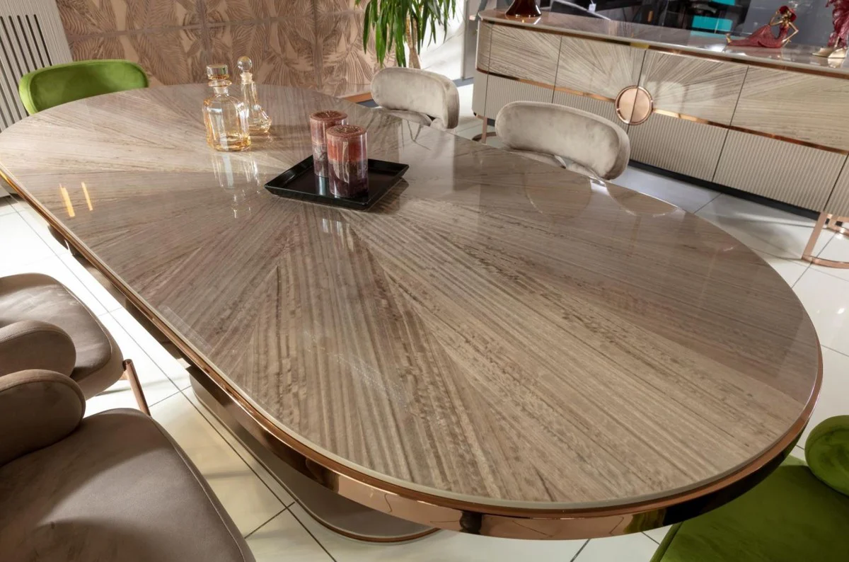 Luxus Esstisch Grau / Kupfer 220 x 105 x H. 75 cm - Ovaler Küchentisch - Esszimmer Möbel - Küchen Möbel - Luxus Möbel - Luxus Einrichtung
