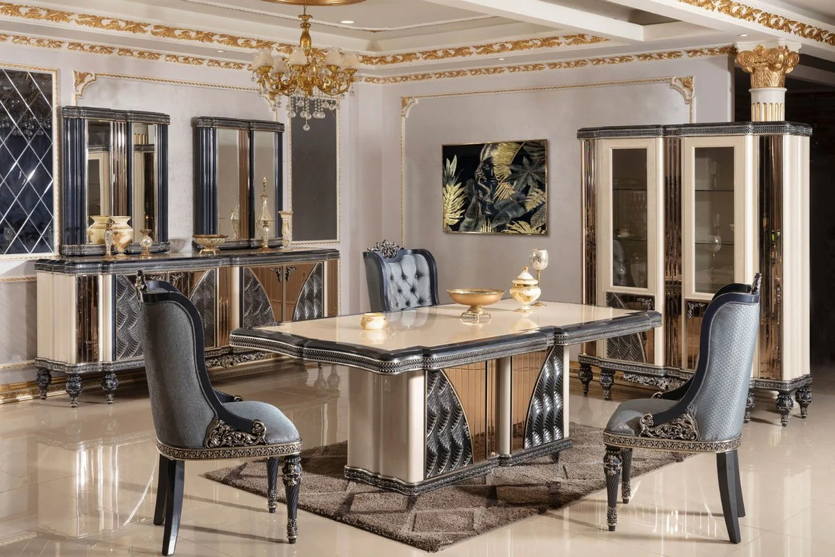 Luxus Barock Vitrine Beige / Schwarz / Gold - Prunkvoller Massivholz Vitrinenschrank mit 2 Glastüren - Barock Möbel - Edel & Prunkvoll