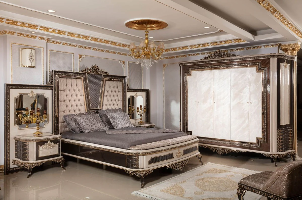 Luxus Barock Schlafzimmerschrank Creme / Dunkelbraun / Gold 293 cm