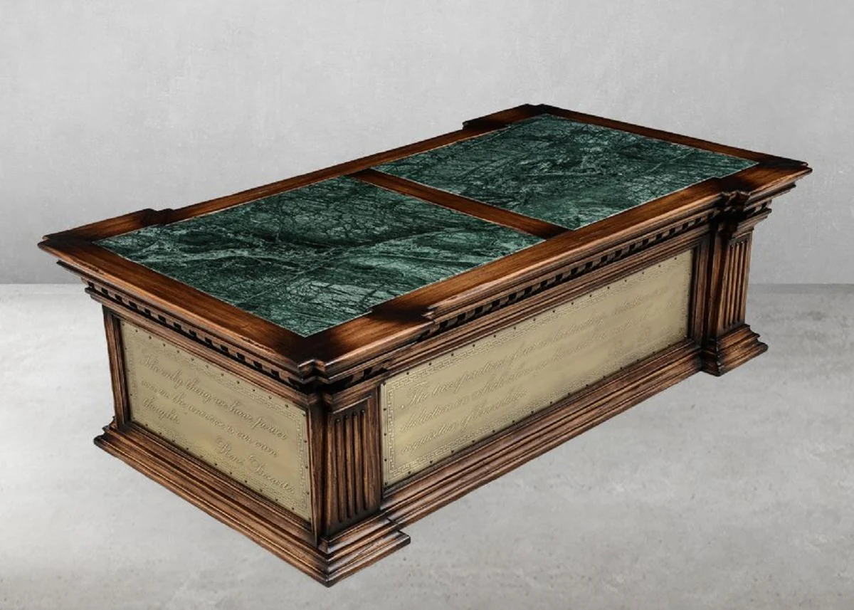 Luxus Vintage Stil Couchtisch Braun / Grün / Messing 156 x 89,5 x H. 48 cm - Rechteckiger Massivholz Wohnzimmertisch mit Schublade - Luxus Vintage Stil Wohnzimmer Möbel