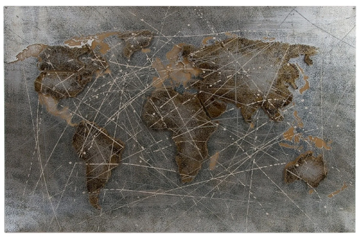 Luxus Metall Ölbild Weltkarte Mehrfarbig 120 x 5 x H. 80 cm - Ölgemälde mit 3D Effekt