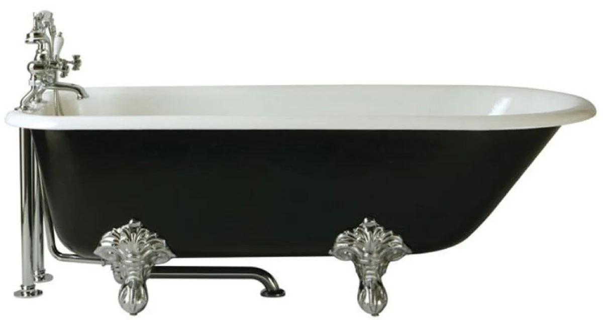 Luxus Jugendstil Badewanne Weiß / Schwarz / Silber 170 x 77 x H. 61 cm - Freistehende Nostalgische Gusseisen Badewanne - Barock & Jugendstil Badezimmer Möbel