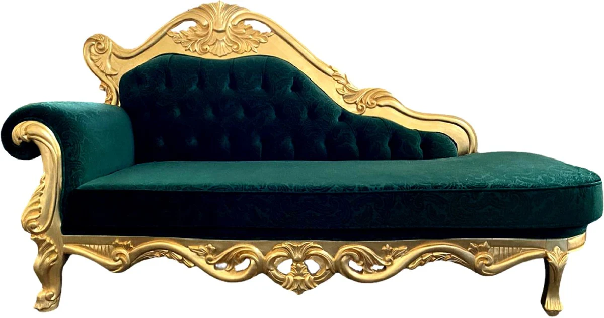 Luxus Barock Chaiselongue Grün / Gold - Handgefertigte Massivholz Recamiere mit edlem Samtstoff und elegantem Muster - Barock Möbel - Edel & Prunkvoll