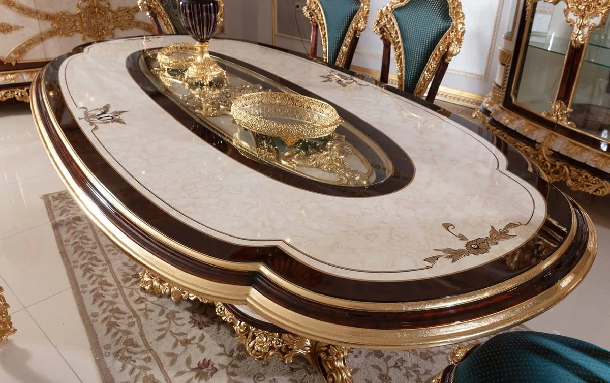 Luxus Barock Esstisch Weiß / Braun / Gold - Prunkvoller Massivholz Esszimmertisch im Barockstil - Barock Esszimmer Möbel - Edel & Prunkvoll
