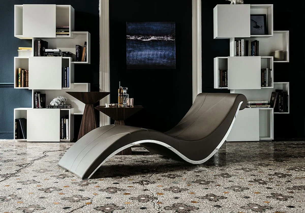 Luxus Designer Liegesessel mit Rollen Braun / Silber 200 x 70 x H. 70 cm - Edle Kunstleder Chaiselongue - Relax Sessel - Relax Liege - Luxus Wohnzimmer Möbel