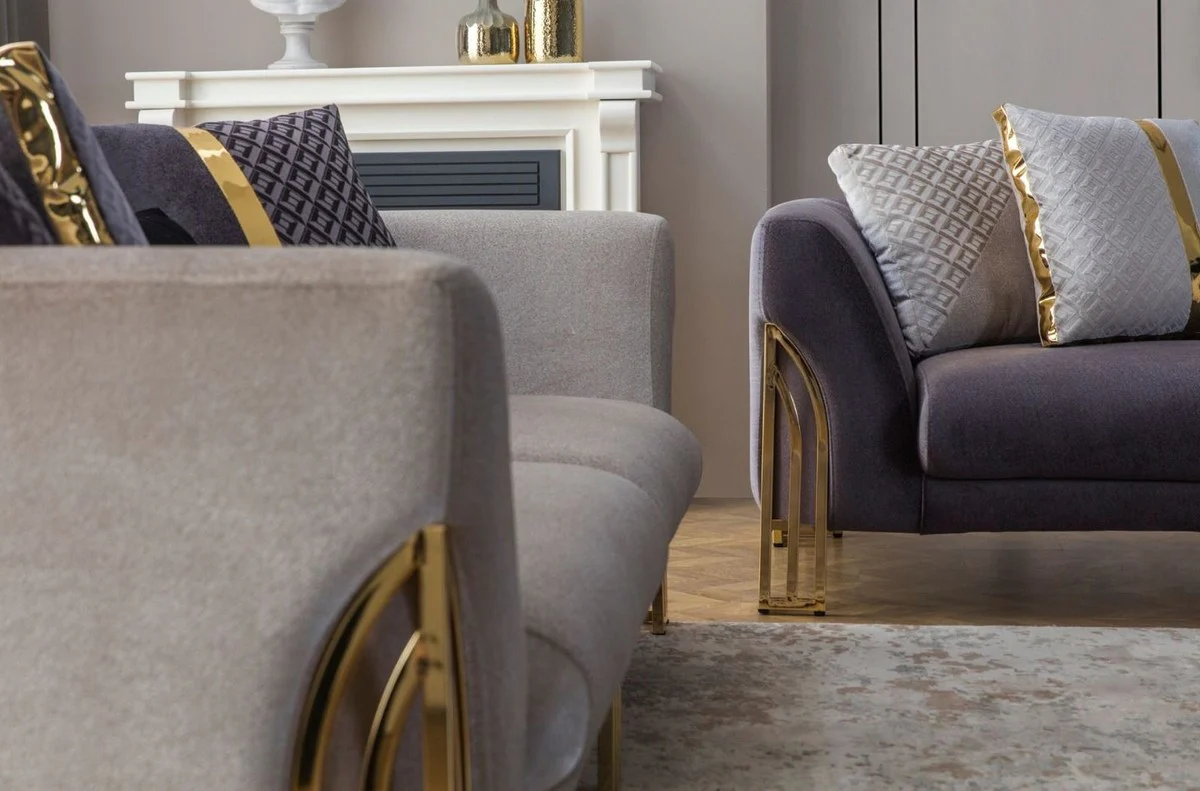 Luxus Sofa Grau / Gold 230 x 90 x H. 77 cm - Wohnzimmer Sofa - Hotel Sofa - Wohnzimmer Möbel - Hotel Möbel - Luxus Möbel - Wohnzimmer Einrichtung - Luxus Einrichtung