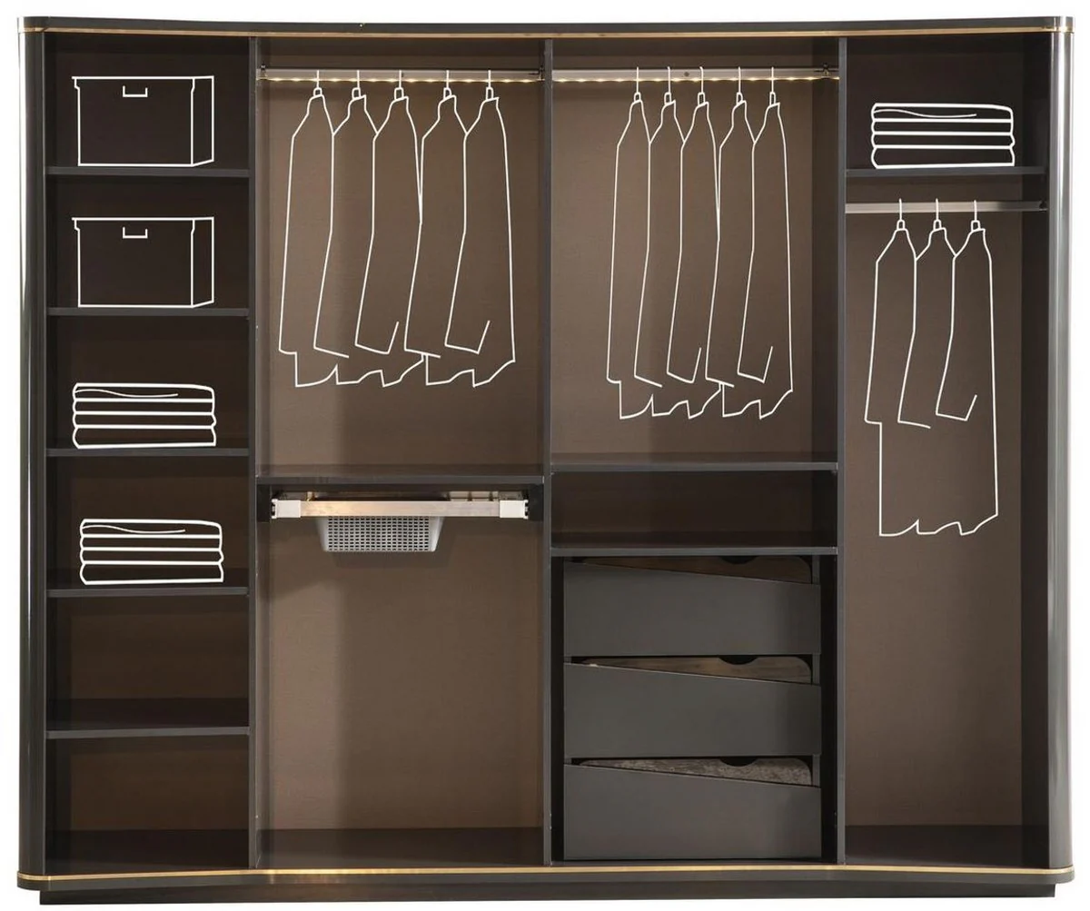 Luxus Art Deco Schlafzimmerschrank Grau / Gold 265 x 67 x H. 220 cm - Edler Massivholz Kleiderschrank mit 6 verspiegelten Türen - Schlafzimmer Möbel - Luxus Qualität