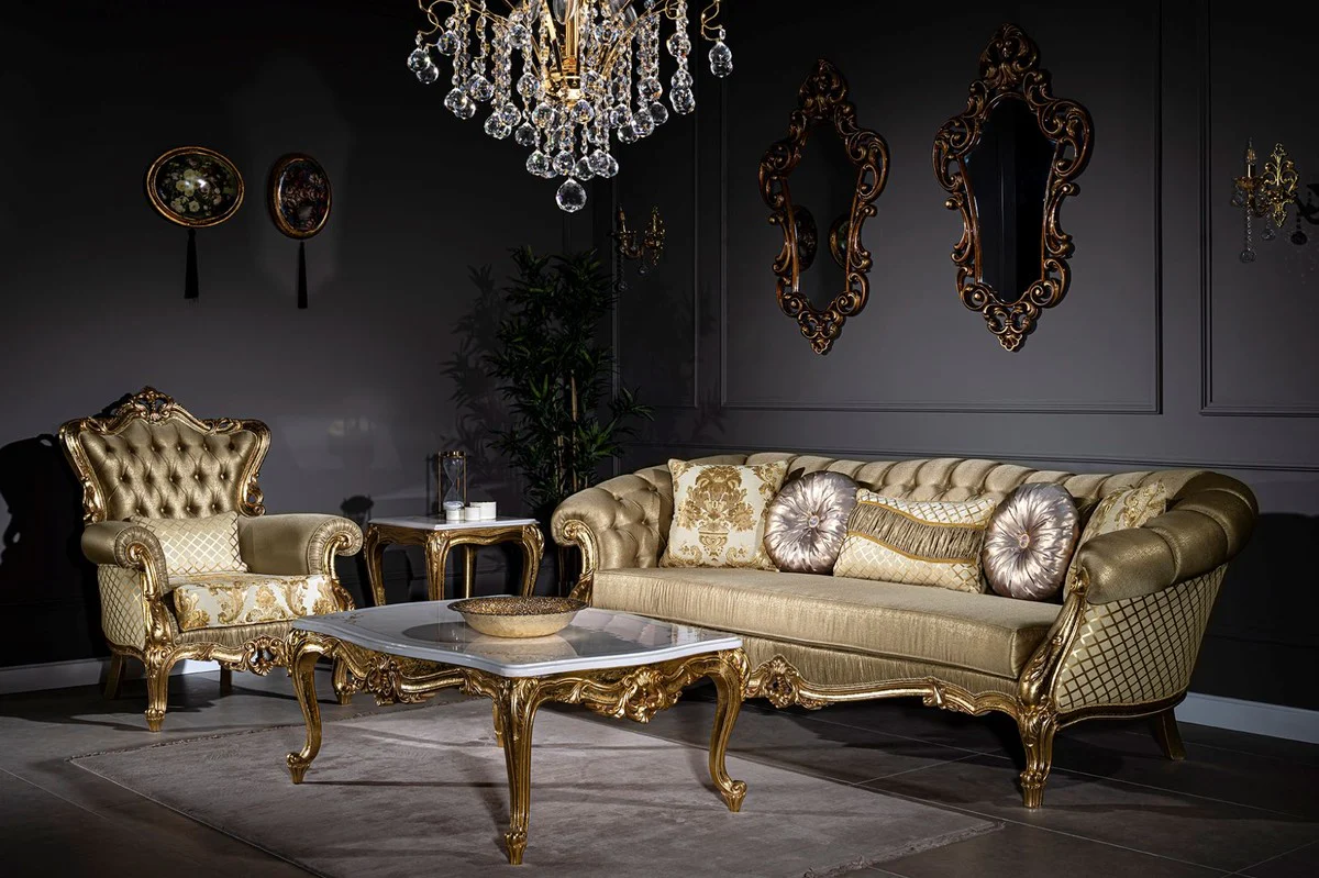 Luxus Barock Couchtisch Weiß / Beige / Gold 120 x 85 x H. 49 cm - Edler Massivholz Wohnzimmertisch im Barockstil - Prunkvolle Barock Möbel