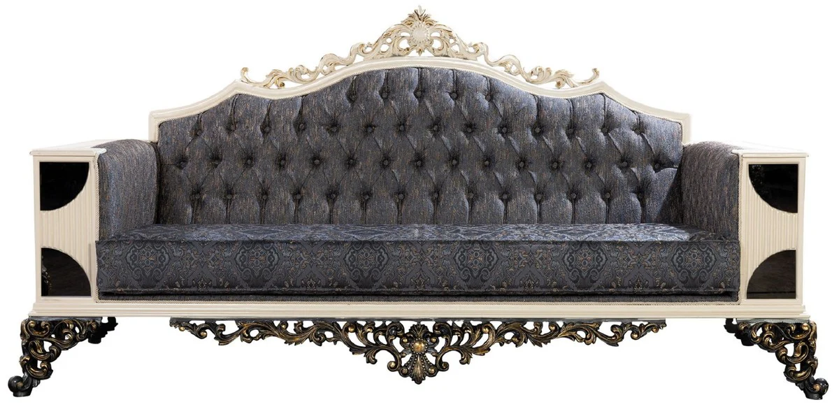 Luxus Barock Sofa Blau / Weiß / Schwarz / Gold - Barockstil Wohnzimmer Sofa mit elegantem Muster - Luxus Wohnzimmer Möbel im Barockstil - Barock Möbel - Barock Einrichtung