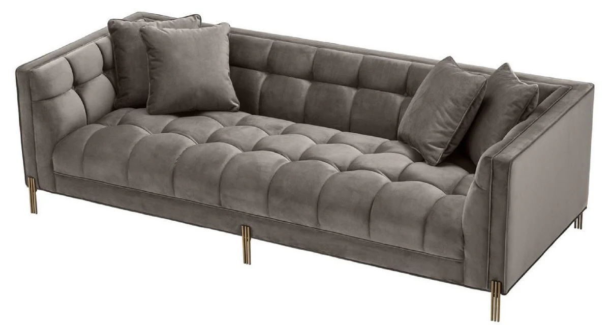 Luxus Samt Sofa mit 4 Kissen Grau / Messingfarben 231 x 95 x H. 68 cm - Wohnzimmer Sofa - Luxus Qualität