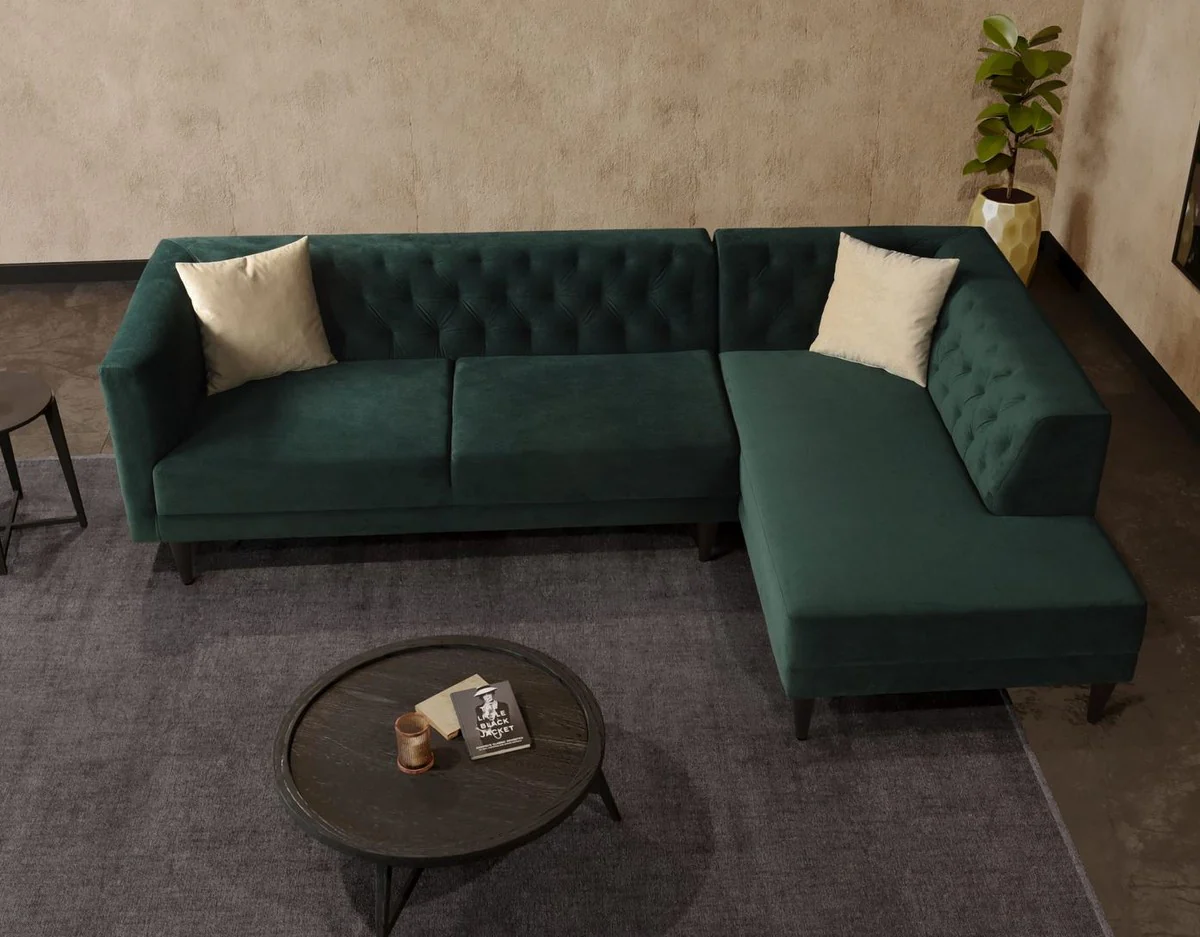 Luxus Ecksofa Grün / Schwarz 262 x 178 x H. 74 cm - Wohnzimmer Sofa mit edlem Samtstoff - Wohnzimmer Möbel - Luxus Möbel - Luxus Wohnzimmer Einrichtung