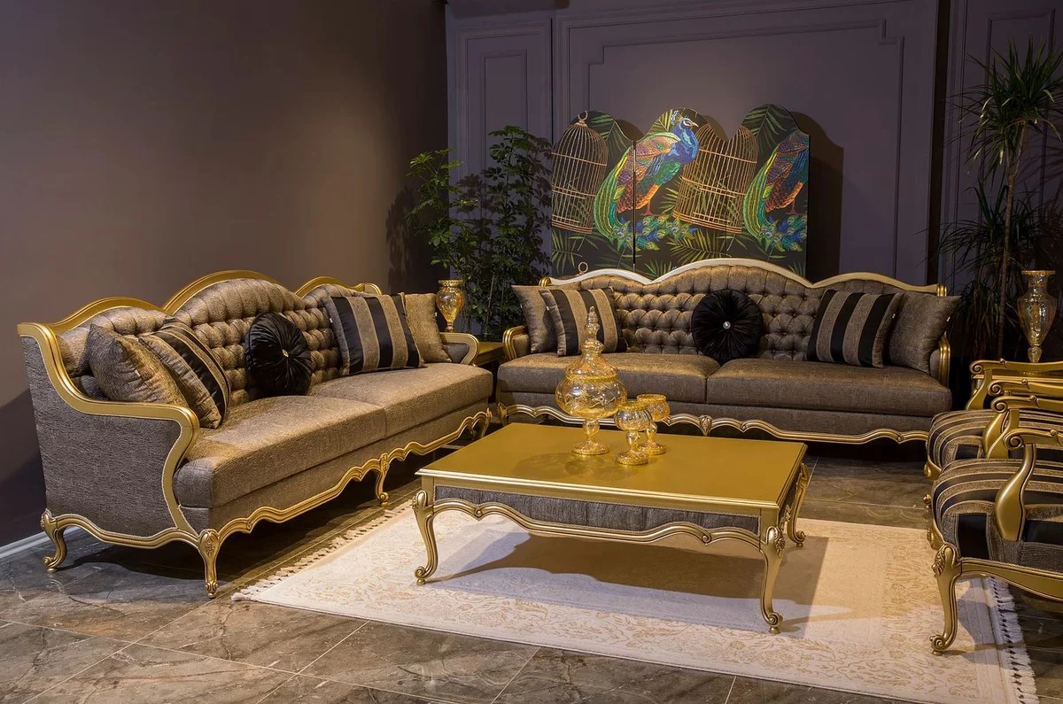 Luxus Barock Couchtisch Gold / Grau 126 x 91 x H. 42 cm - Edler Massivholz Wohnzimmertisch im Barockstil - Barock Wohnzimmer Möbel