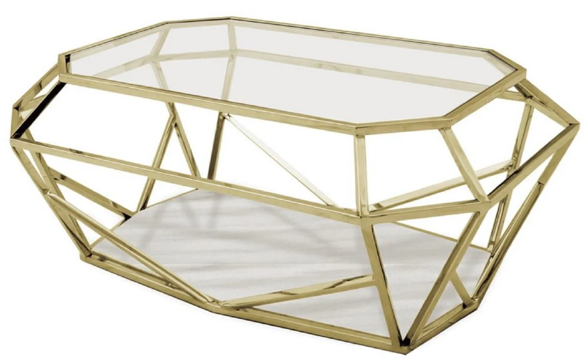 Luxus Couchtisch Gold / Weiß 100 x 70 x H. 41 cm - Moderner Wohnzimmertisch mit Glas & Marmorplatte - Wohnzimmer Möbel