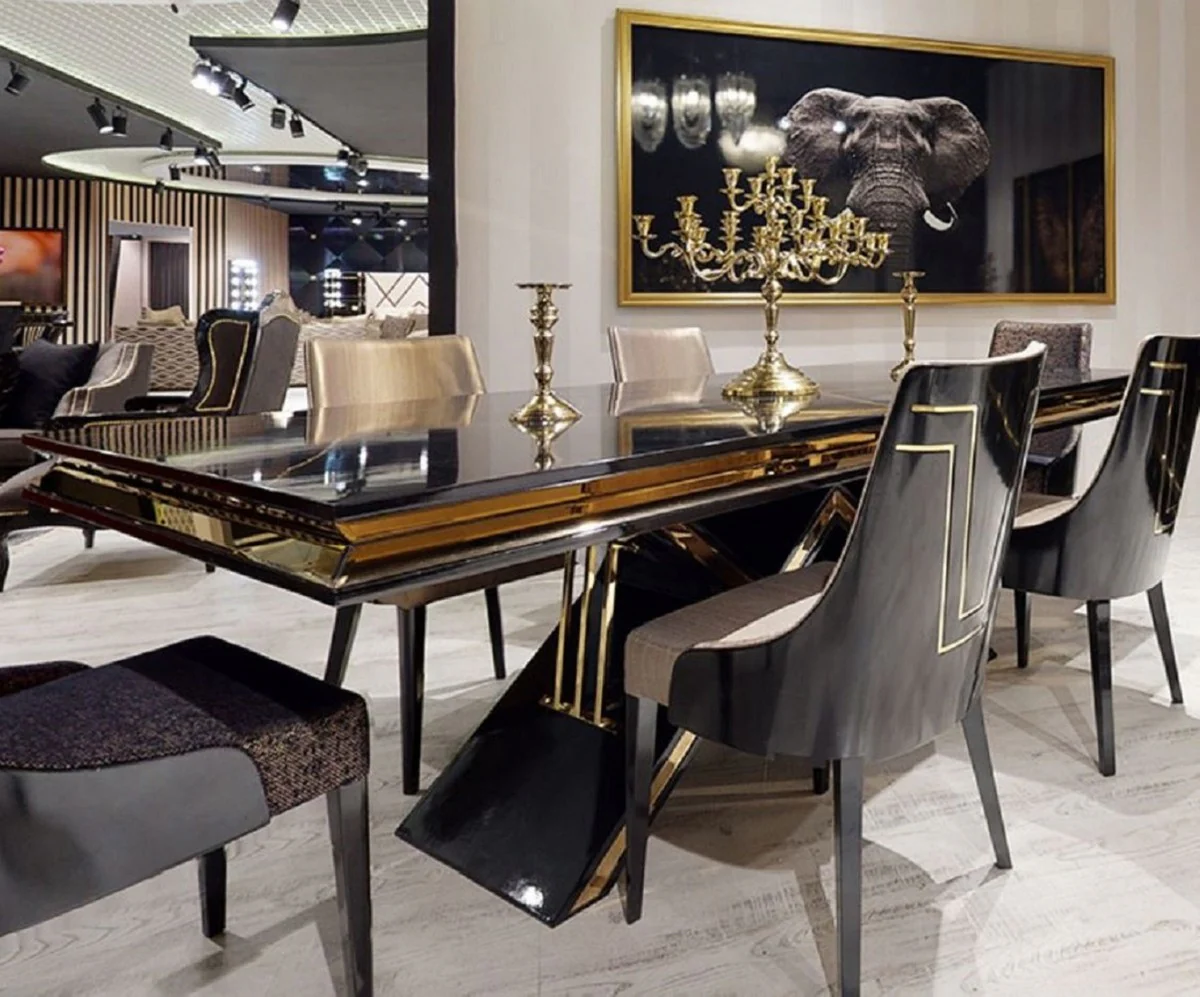 Luxus Art Deco Esszimmer Stuhl Set Schwarz / Gold - Küchen Stühle 6er Set - Art Deco Esszimmer Möbel - Luxus Qualität