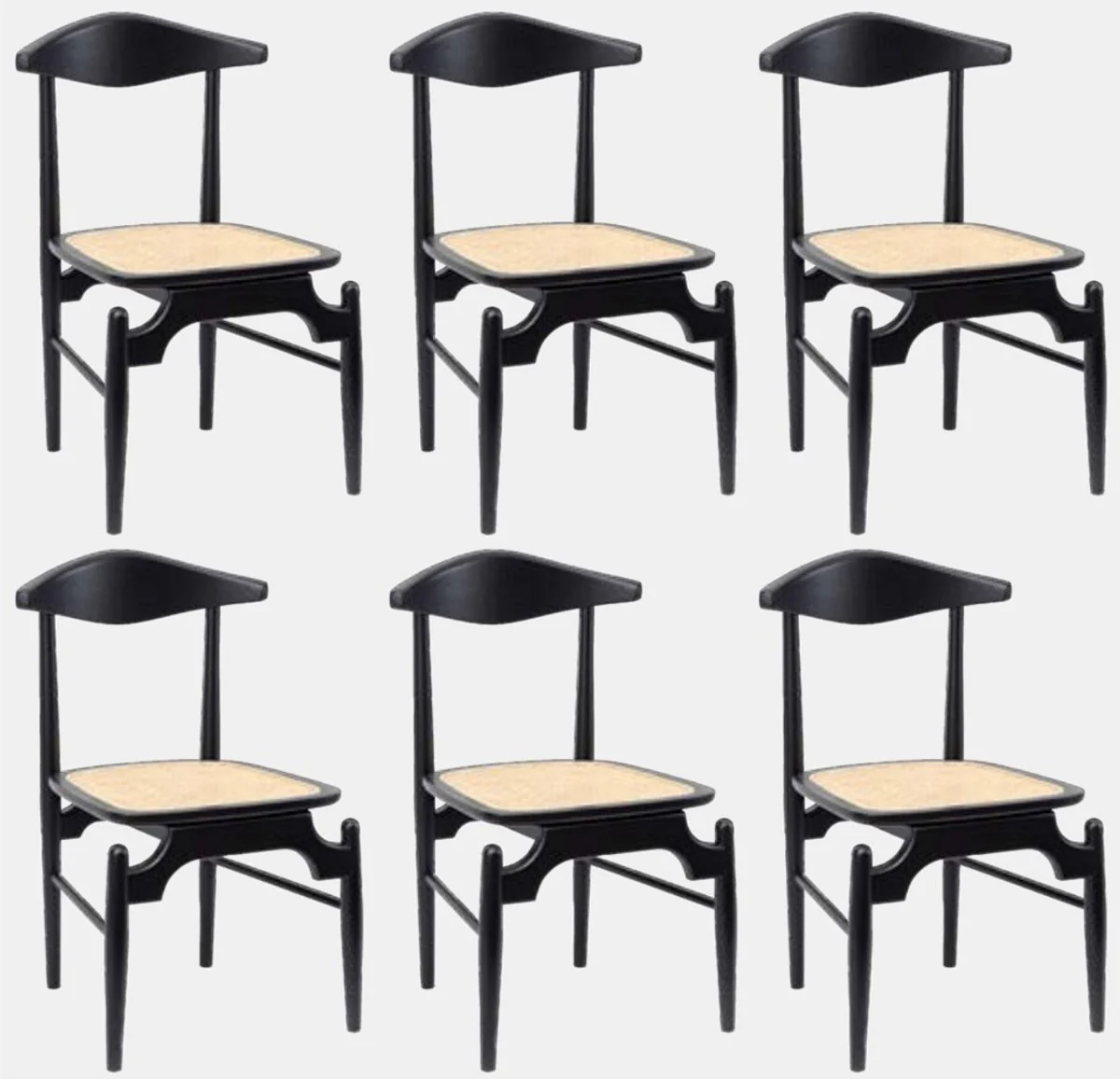 Luxus Esszimmerstuhl 6er Set Schwarz / Naturfarben 53 x 54 x H. 85 cm - Luxus Massivholz Küchen Stühle mit Rattan Sitzfläche - Esszimmer Möbel - Küchen Möbel - Luxus Möbel