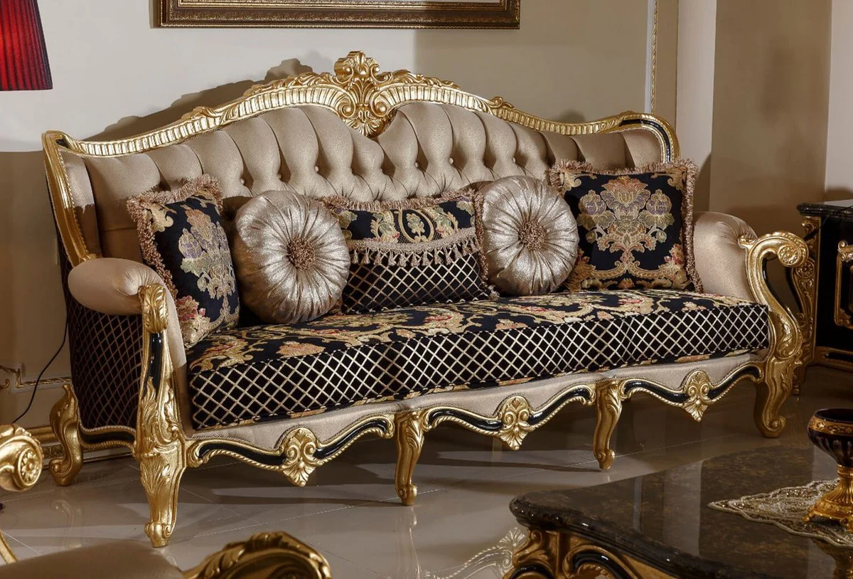 Luxus Barock Sofa Gold / Schwarz / Mehrfarbig / Gold - Prunkvolles Wohnzimmer Sofa mit elegantem Muster - Barock Wohnzimmer Möbel