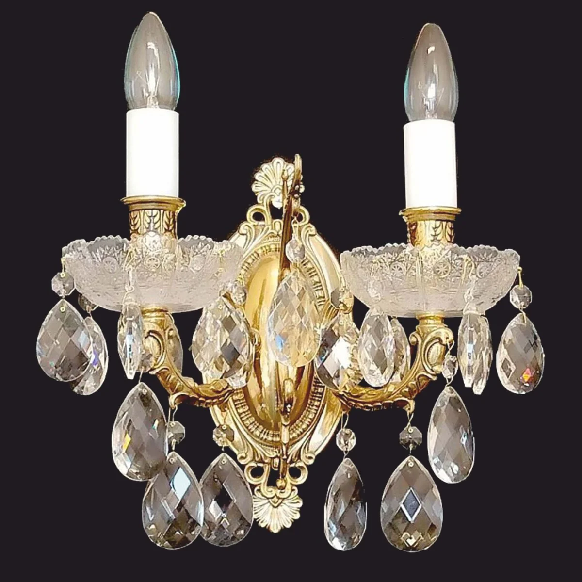 Luxus Barock Kristallglas Doppel Wandleuchte Gold H. 28 cm