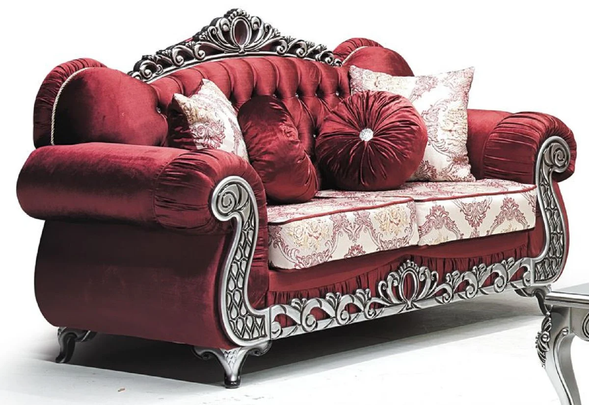 Luxus Barock 2er Sofa Bordeauxrot / Creme / Silber - Prunkvolles Wohnzimmer Sofa mit Muster und Glitzersteinen - Wohnzimmer Möbel im Barockstil - Barock Möbel - Edel & Prunkvoll