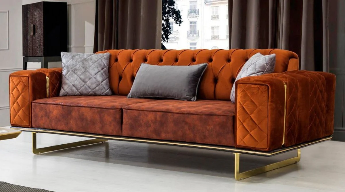 Luxus Schlafsofa Orange / Gold 230 x 91 x H. 80 cm - Modernes Wohnzimmer Sofa - Wohnzimmer Möbel