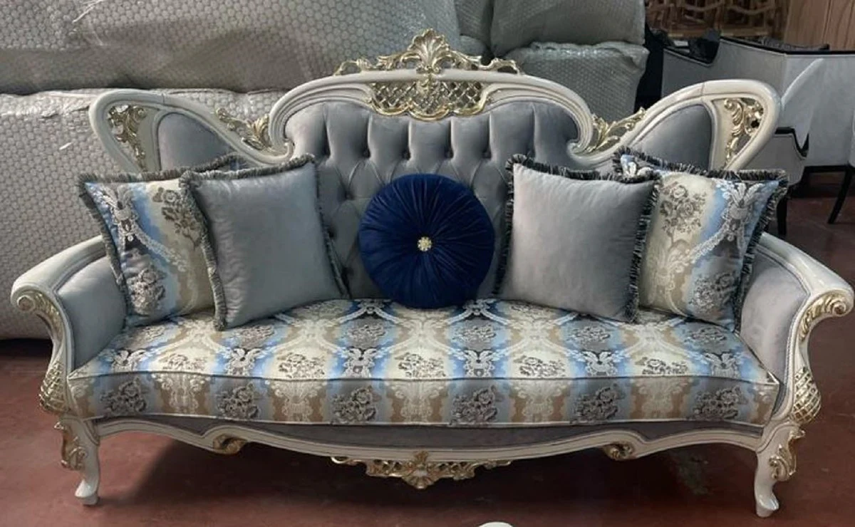 Luxus Barock Sofa Grau / Mehrfarbig / Weiß / Gold - Handgefertigtes Wohnzimmer Sofa mit elegantem Muster - Barock Wohnzimmer Möbel - Edel & Prunkvoll