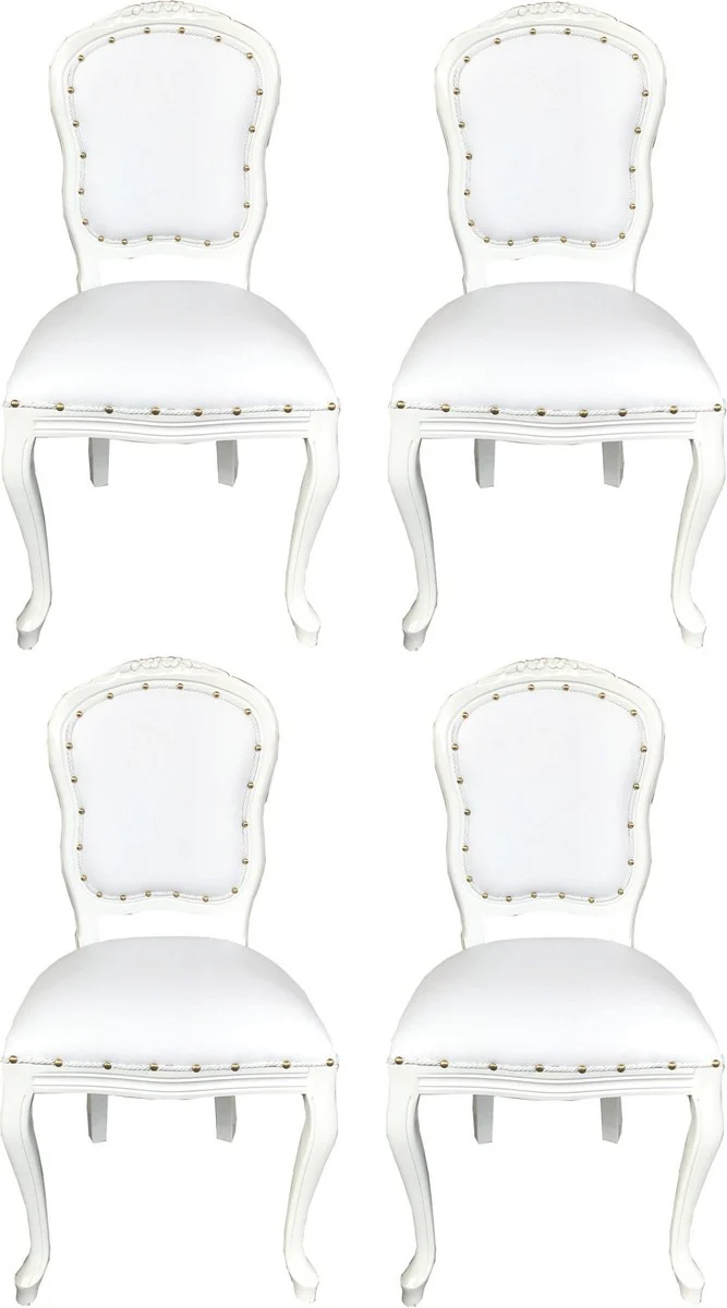 Luxus Barock Esszimmer Set Weiß / Weiß 55 x 54 x H. 103 cm - 4 handgefertigte Esszimmerstühle mit Kunstleder - Barock Esszimmermöbel