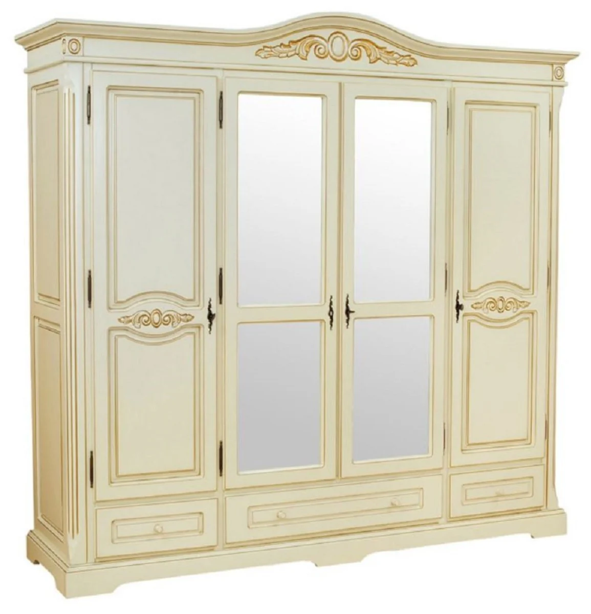 Luxus Barock Schlafzimmerschrank Creme / Beige - Barockstil Massivholz Schrank mit 4 Türen und 3 Schubladen - Barock Kleiderschrank - Barock Schlafzimmer Möbel