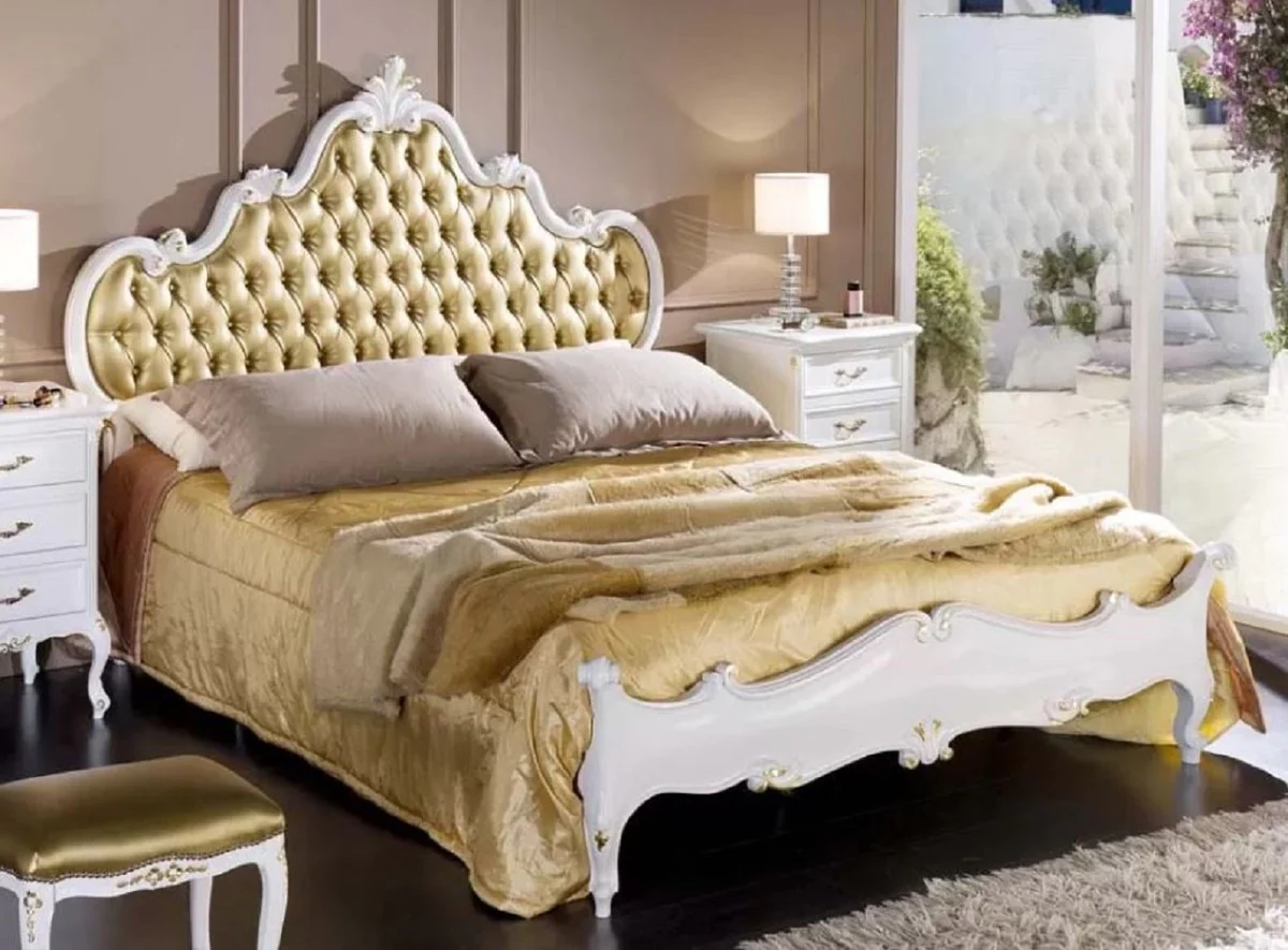 Luxus Barock Doppelbett Gold / Weiß - Prunkvolles Massivholz Bett - Barock Schlafzimmer Möbel - Luxus Qualität - Made in Italy