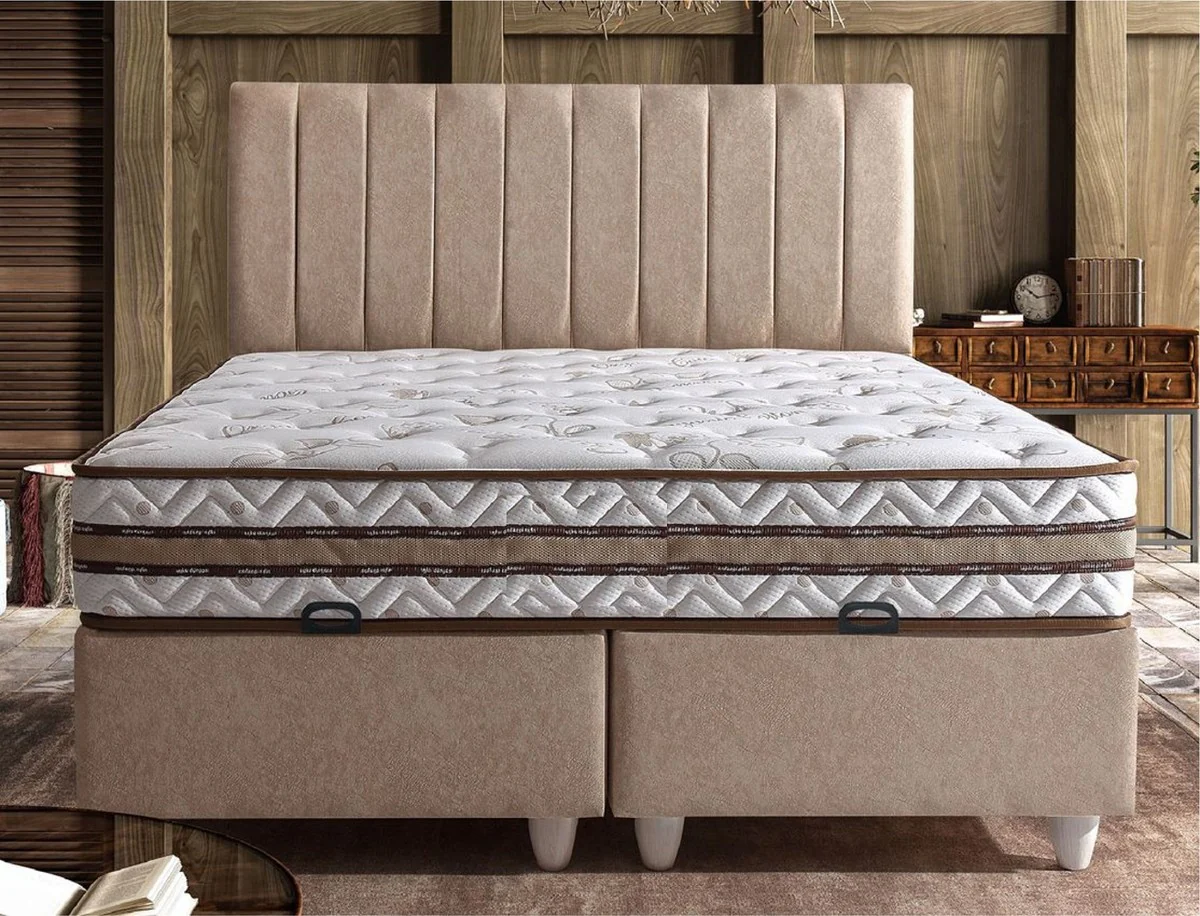 Luxus Doppelbett Beige / Weiß - Verschiedene Größen - Massivholz Bett mit Kopfteil und Matratze - Schlafzimmer Möbel - Hotel Möbel - Luxus Möbel