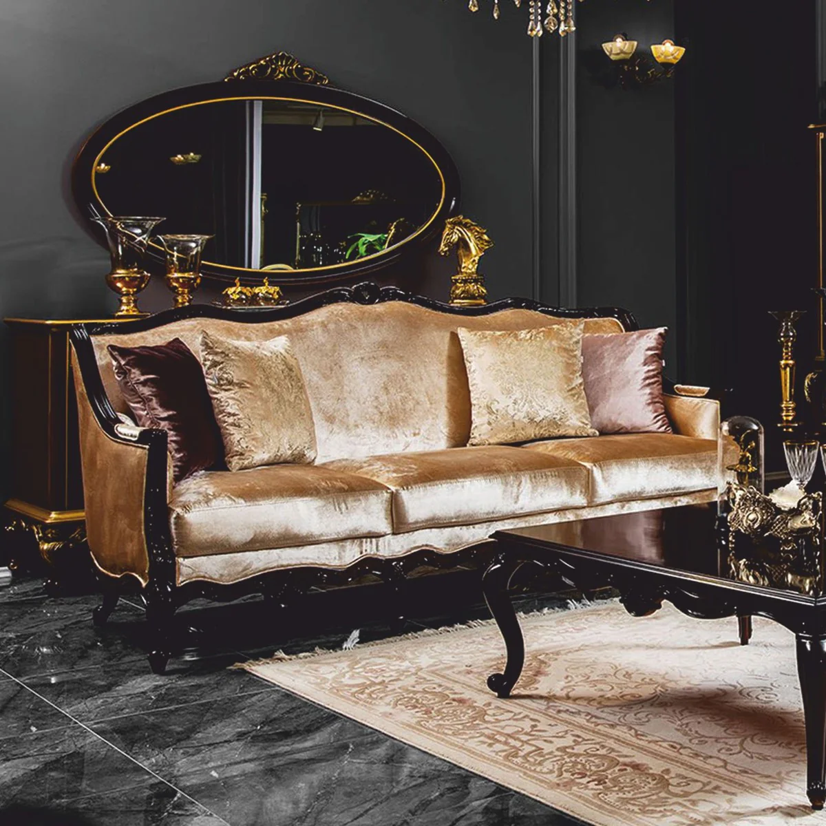 Luxus Barock Sofa Gold / Dunkelbraun 225 cm - Barock Möbel