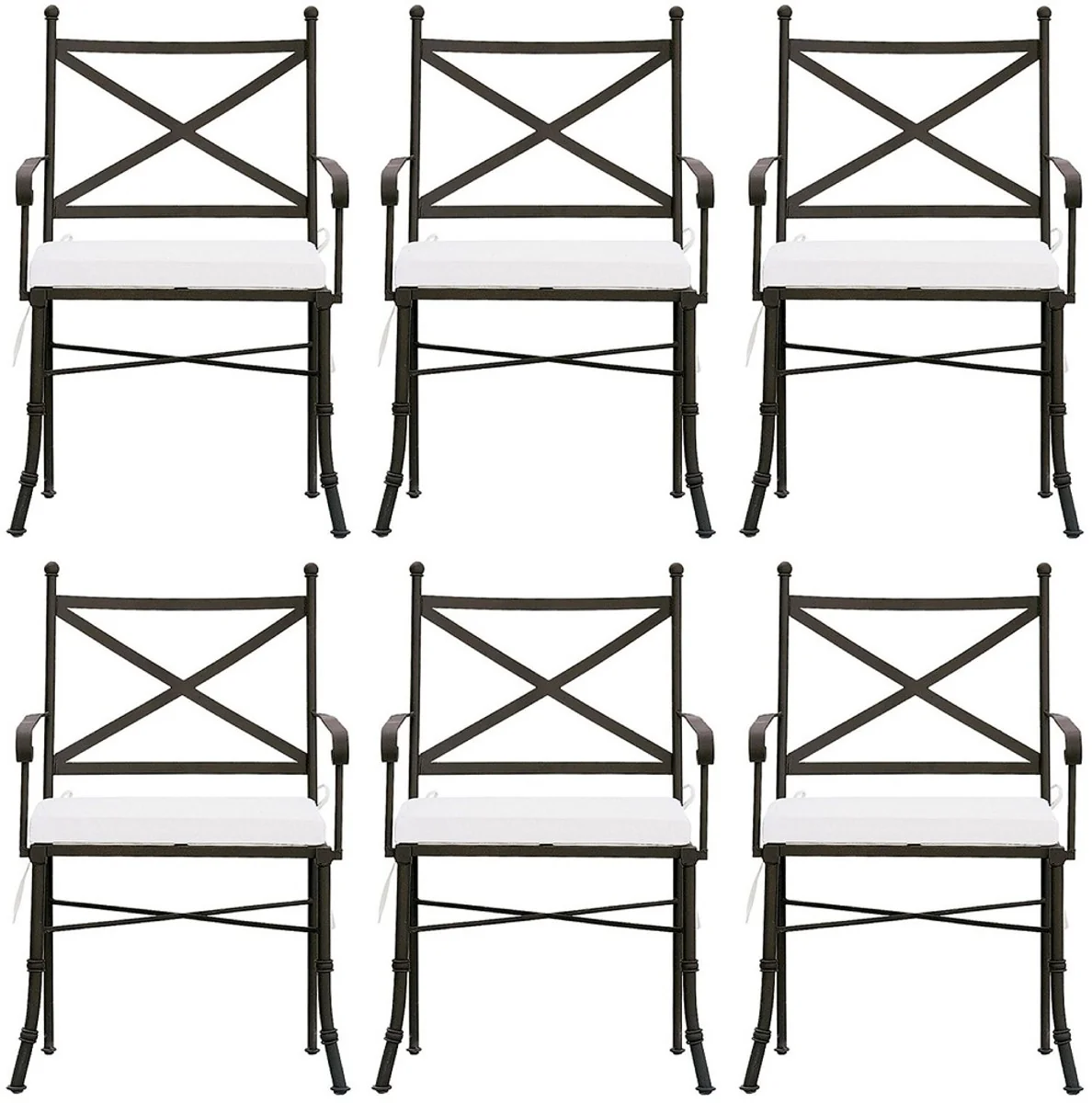 Luxus Jugendstil Gartenstuhl Set mit Armlehnen und Sitzkissen Braun / Weiß 61 x 51 x H. 97 cm - Handgeschmiedete Esszimmer Stühle - Esszimmer Garten Terrassen Möbel