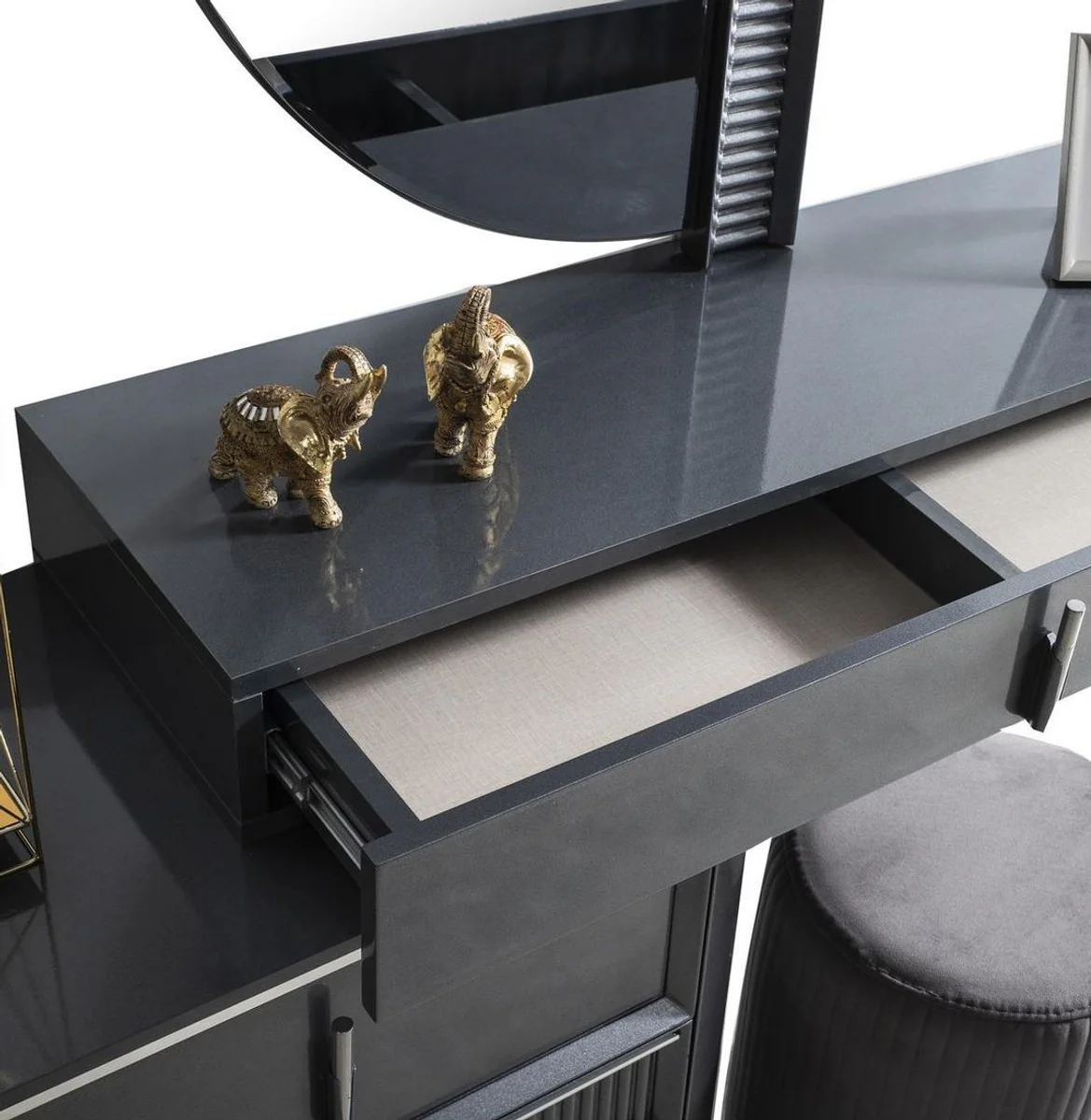 Luxus Schlafzimmer Schminktisch Set Grau / Silber - 1 Schminkkommode mit Spiegel & 1 Hocker - Luxus Schlafzimmer Möbel