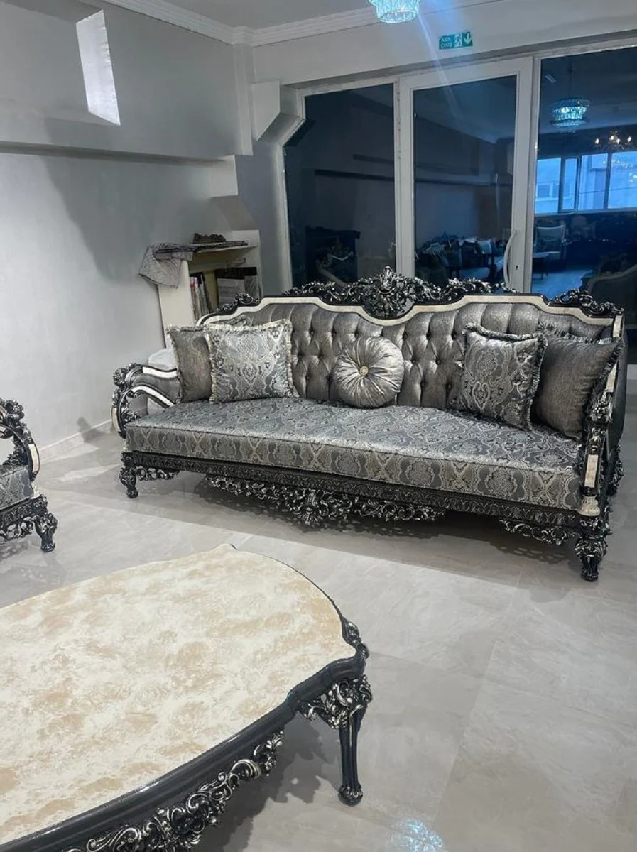 Luxus Barock Sofa Silber / Weiß / Schwarz / Gold - Prunkvolles Wohnzimmer Sofa - Barockstil Wohnzimmer Möbel - Luxus Möbel im Barockstil - Edel & Prunkvoll