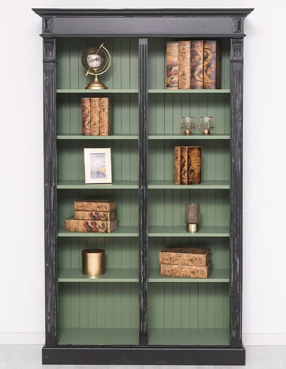 Landhausstil Bücherschrank Antik Schwarz / Grün 120 x 39 x H. 197 cm - Massivholz Schrank - Regalschrank - Wohnzimmerschrank - Büroschrank - Landhausstil Möbel