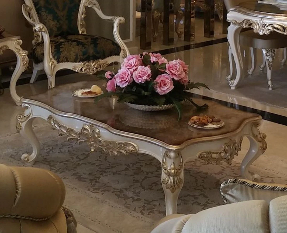Luxus Barock Couchtisch Braun / Weiß / Gold - Rechteckiger Massivholz Wohnzimmertisch im Barockstil - Edle Barock Wohnzimmer Möbel