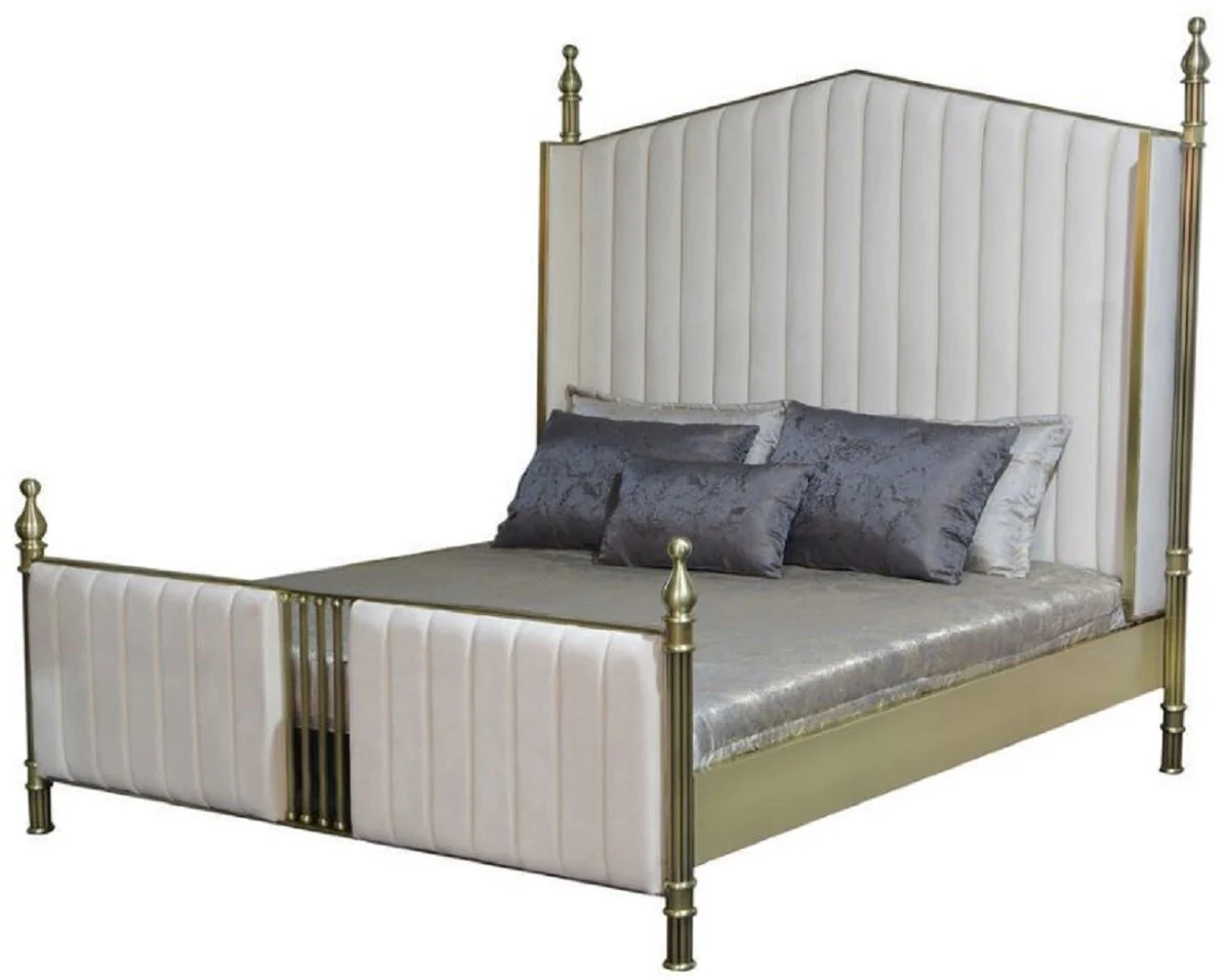 Luxus Doppelbett Weiß / Matt Gold - Edles Massivholz Bett - Schlafzimmer Möbel - Hotel Möbel - Luxus Möbel - Luxus Einrichtung