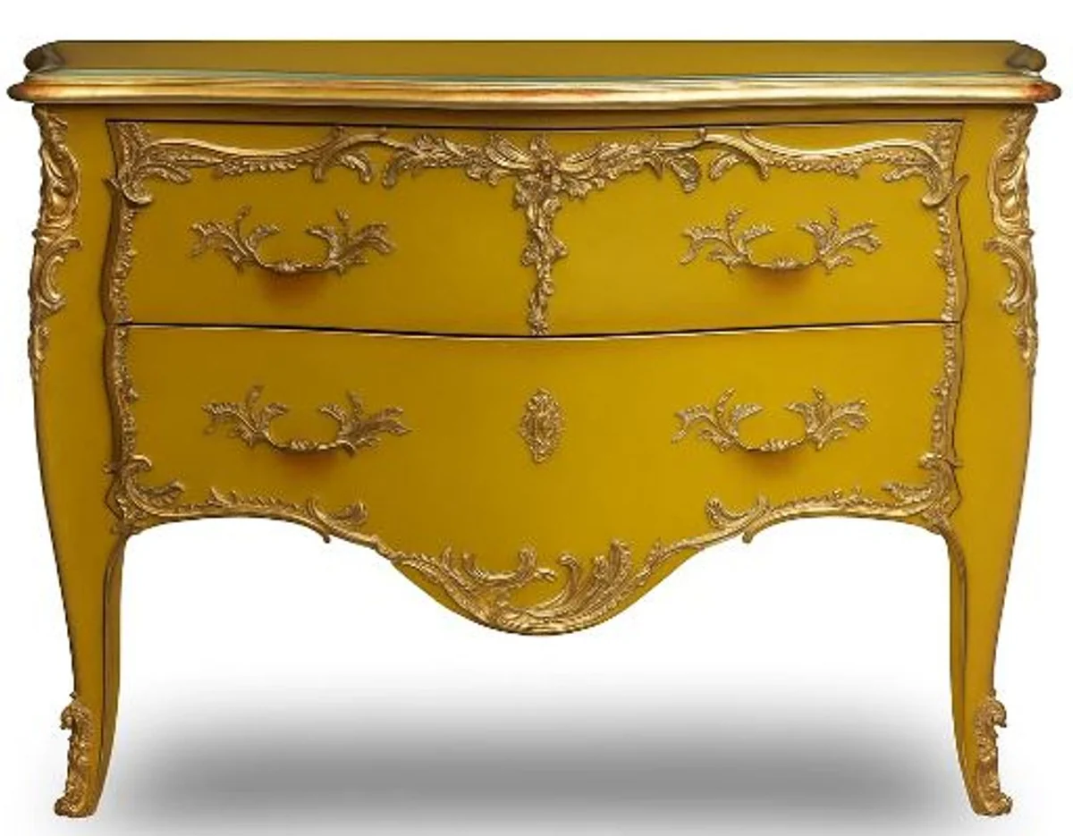 Barock Kommode mit 2 Schubladen Antik Gelb / Gold - Handgefertigte Massivholz Kommode im Barockstil - Handgefertigte Barock Möbel - Edel & Prunkvoll