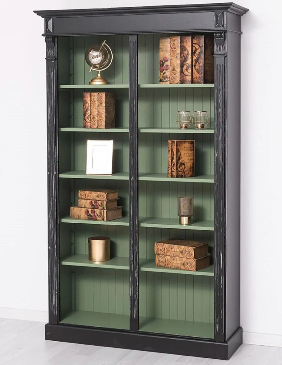 Landhausstil Bücherschrank Antik Schwarz / Grün 120 x 39 x H. 197 cm - Massivholz Schrank - Regalschrank - Wohnzimmerschrank - Büroschrank - Landhausstil Möbel