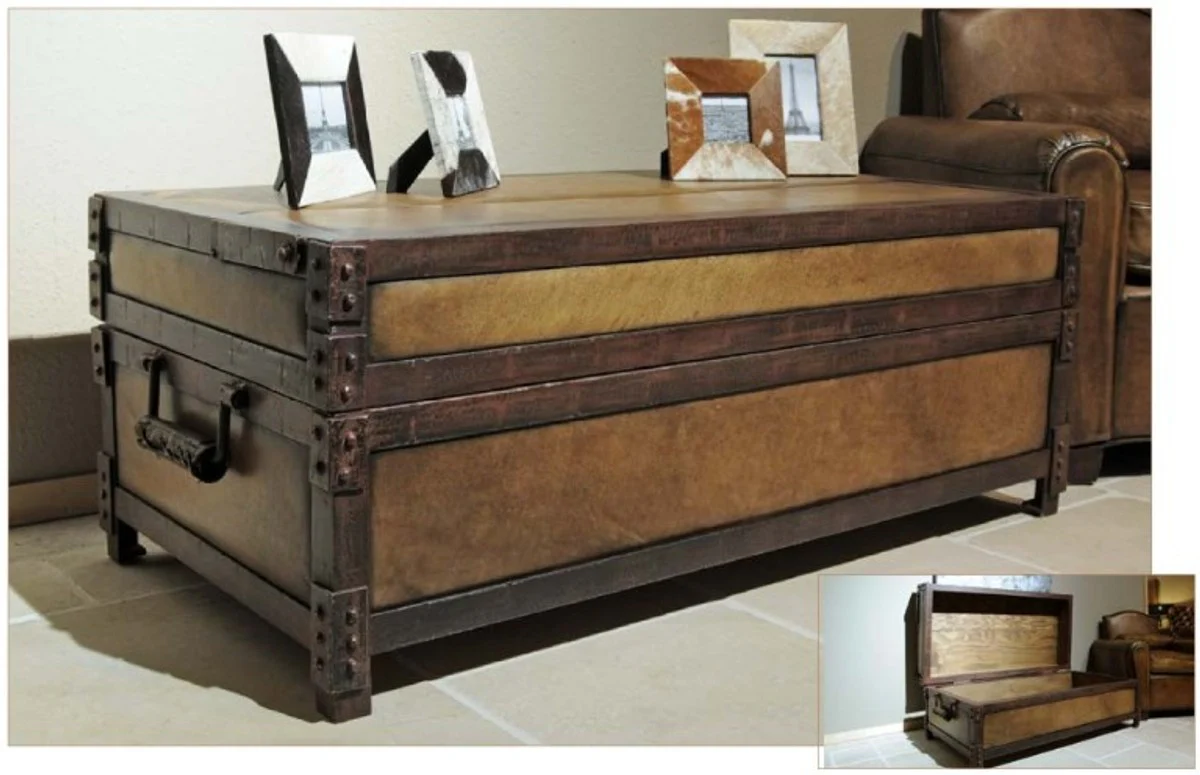 Antik Stil Echtleder Truhe Braun L120 x B60 x H47 cm - Echt Leder Vintage Look