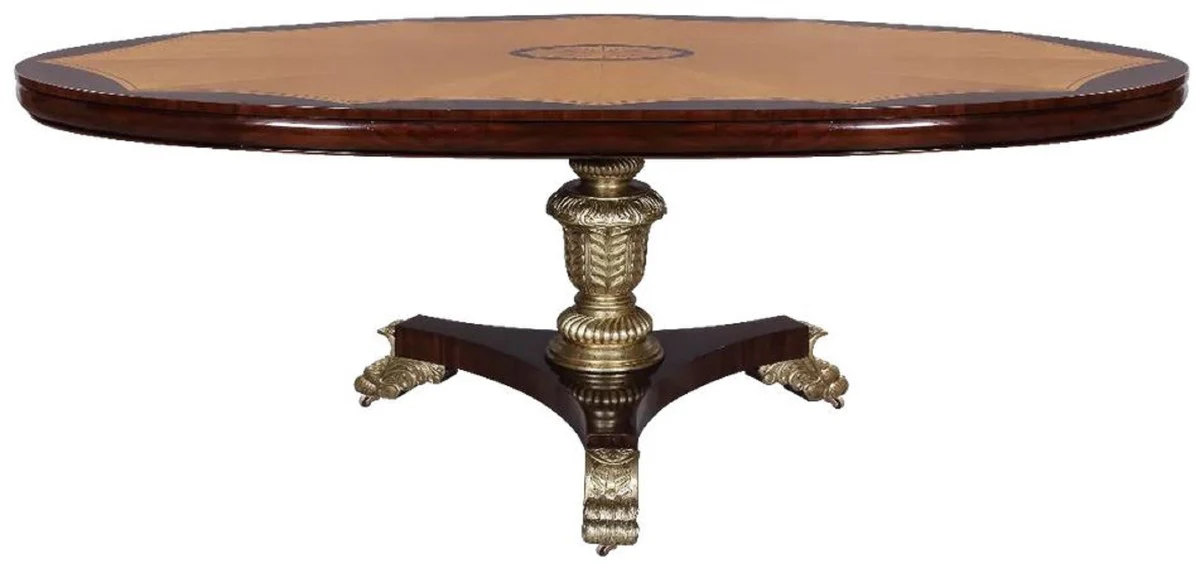 Luxus Barock Esstisch Dunkelbraun / Naturfarben / Silber - Ovaler Barockstil Massivholz Küchentisch - Luxus Esszimmer Möbel im Barockstil - Barock Esszimmer Möbel