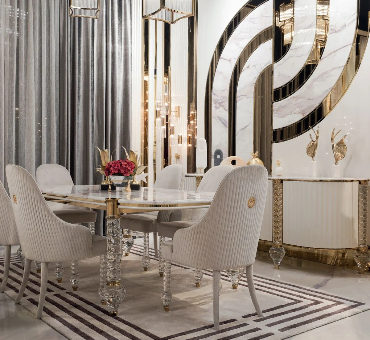 Luxus Art Deco Esstisch Weiß / Gold 230 x 121 x H. 77 cm - Art Deco Esszimmer Tisch mit Kunstmarmor Tischplatte - Art Deco Möbel - Esszimmer Möbel - Luxus Möbel - Luxus Qualität