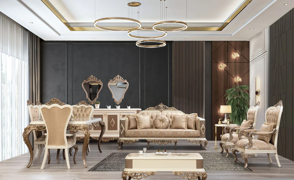 Luxus Barock Esstisch Weiß / Braun / Gold - Edler Massivholz Esszimmertisch - Barock Esszimmer Möbel - Edel & Prunkvoll